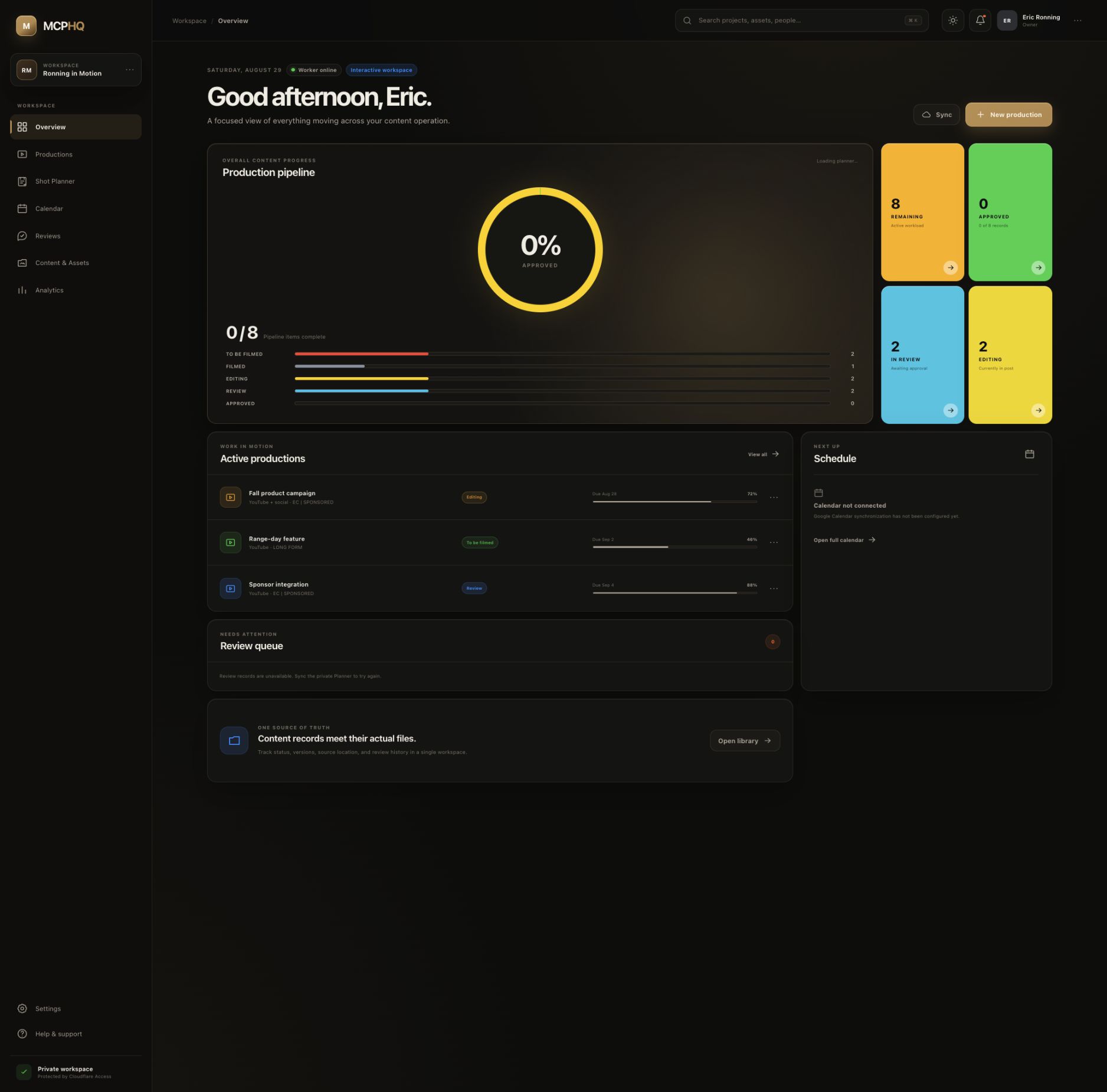 MCPHQ overview showing the production pipeline, active work, scheduling, and review visibility
